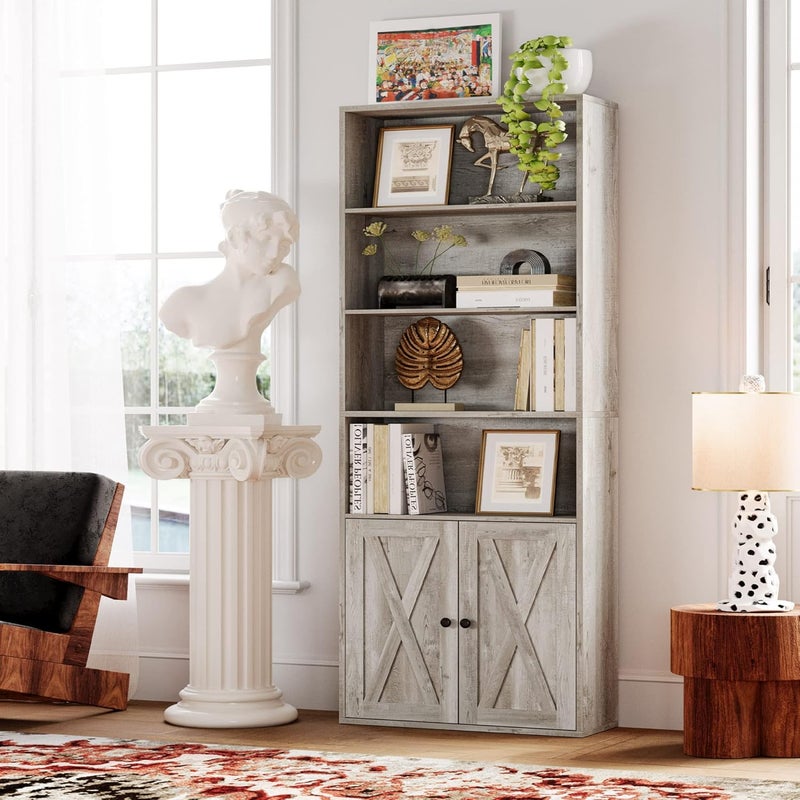 IRONCK Industrial Bookshelves and Bookcases with Doors Floor Standing 6 Shelf Display Storage Shelves 70 in Tall Bookcase for Home Office, Living Room - Image 1